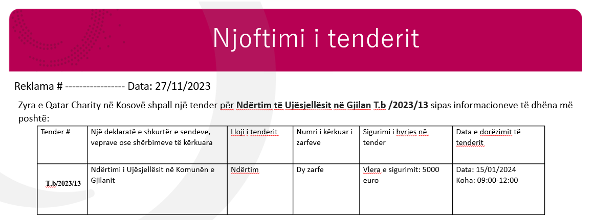 Njoftim për tender: Ndërtim të Ujësjellësit në Gjilan